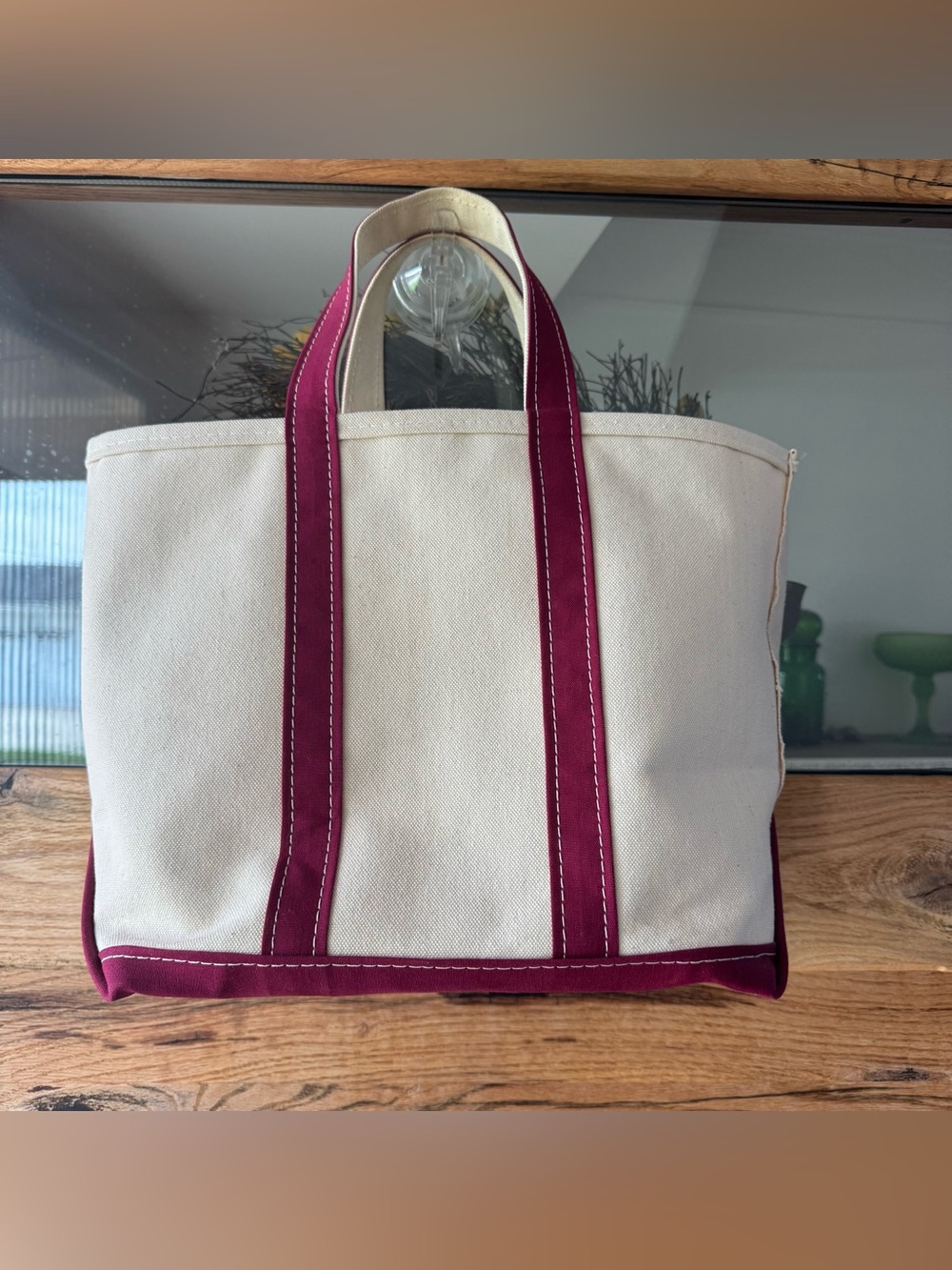 Vintage L.L.Bean Boat and Tote Canvas Bag Burgundy Trim 17” x 11”